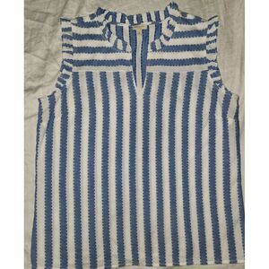 TALBOTS Mp Tank Top Blue White Vertical Stripe Ruffle Trim Cotton Sleeveless